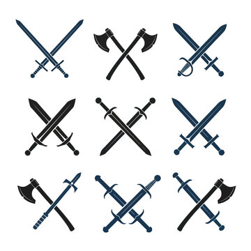 Crossed Swords and Axes - Medieval Weapon Icons Set