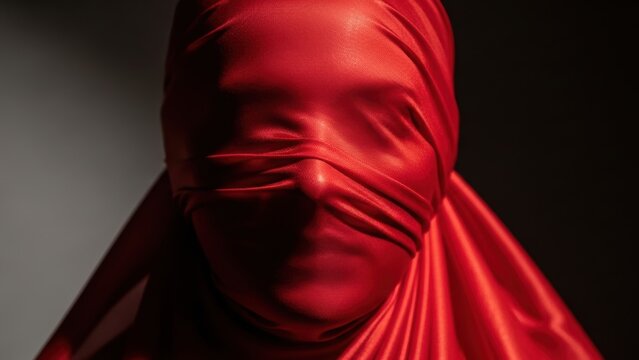A human face completely obscured by stretched red fabric.