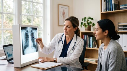 Fototapeta premium Doctor showing chest x-ray to patient in medical office