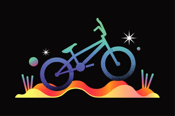 Naklejka premium Colorful gradient BMX bicycle illustration on Black background with abstract landscape, stars and planets, modern retro vector art