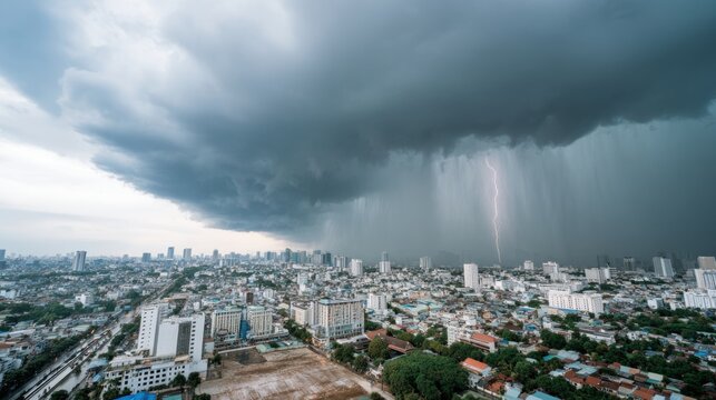 Massive storm cloud over city with lightning and rainfall. Extreme weather over urban landscape, dark sky, heavy clouds and approaching thunderstorm