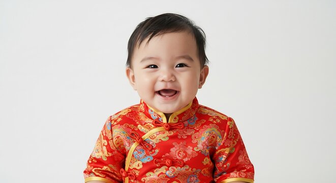 柔らかな光に包まれた白い空間で伝統的な赤い服を着た赤ちゃんが口を開けて満面の笑みを浮かべる 幸せと無邪気さに満ちた生き生きとした愛らしい子供の姿. AI Generated