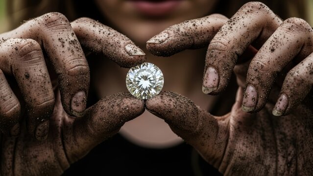 A pair of dirty, soil-covered hands holding a large, perfect diamond.