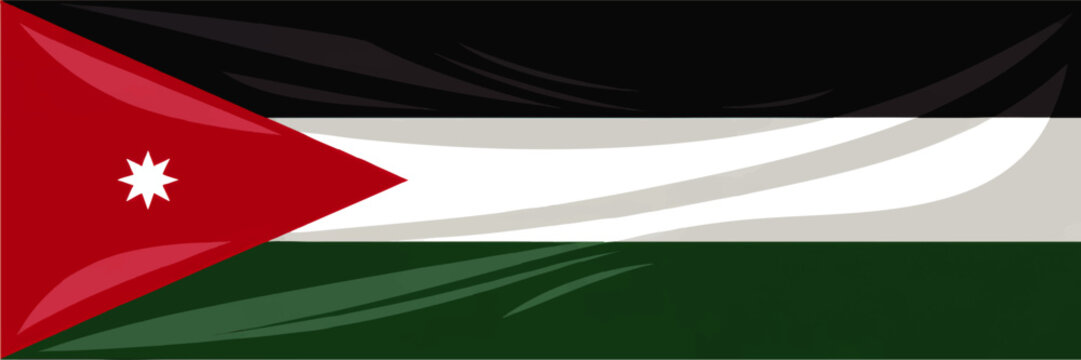 Glossy Waving Jordan Flag Illustration with Red Triangle White Star and Black White Green Stripes National Symbol Banner