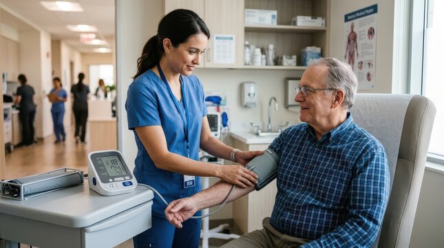 Registered nurse measuring blood pressure on senior man in clinic