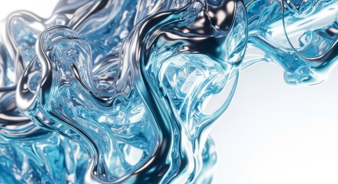 Mesmerizing fluid simulation featuring icy blue and metallic silver vapor swirls, illuminated by sharp crisp lighting for high contrast, graphic, render, abstract