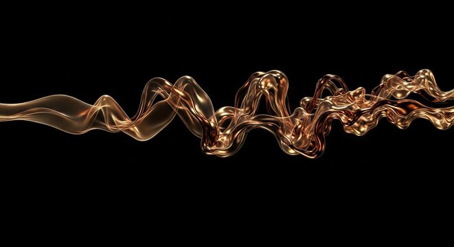 Shimmering bronze vapor swirls elegantly through a deep black void, featuring dramatic highlights and ultra realistic metallic textures, metallic, elegant, abstract