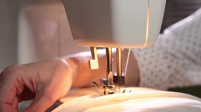 Woman sewing fabric with professional machine in workshop, closeup