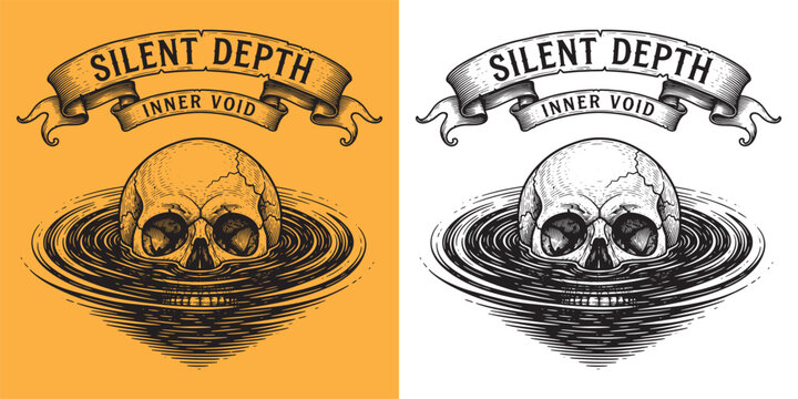 Human Skull Floating in Rippling Water, Silent Depth Inner Void Concept