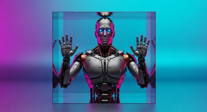 A metallic humanoid robot stands trapped within a translucent glass cube as the walls slowly compress inward, symbolizing extreme stress, shadows, cinematic, industrial