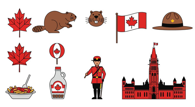 Canada Icons: Maple Leaf, Beaver, Flag, RCMP Officer, Parliament Hill