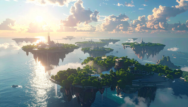 Floating islands over calm ocean