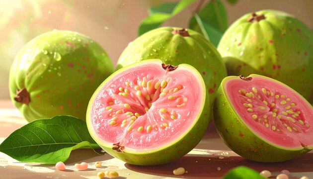 Fresh guavas sliced and whole close up