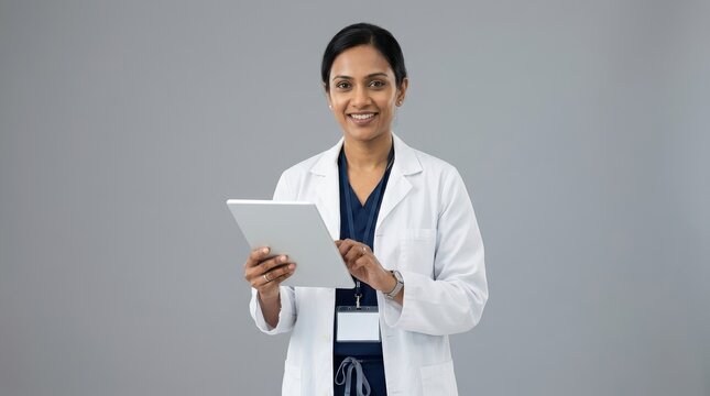 Doctor in white coat holding tablet on gray background