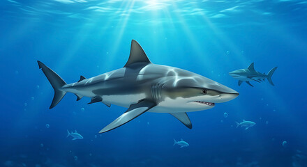 Obraz premium Two sharks swimming underwater with sun rays