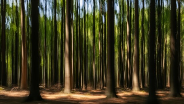 An abstract photo of a forest with vertical motion blur.