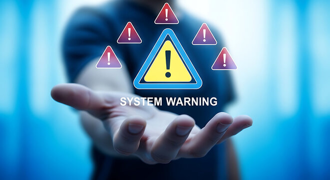 Cybersecurity Alert Digital system warning sign held by a hand, symbolizing data breach and online security threats