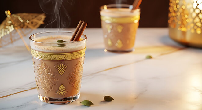 Karak Chai, traditional Qatari spiced milk tea, served in delicate Arabic glass cup with engraved gold patterns, warm opaque amber-cream liquid with soft foam on surface