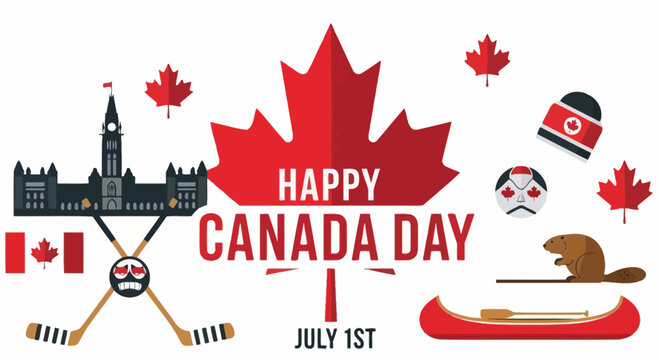 Happy Canada Day Celebration with Maple Leaf, Beaver, Hockey & Parliament Hill