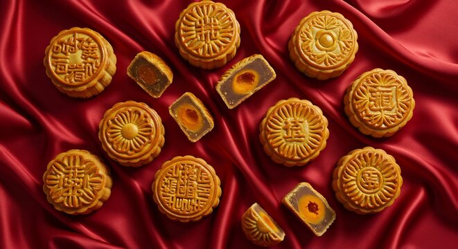 柔らかく降り注ぐ光に優雅に輝く金色の月餅 丁寧に刻まれた美しい伝統模様が鮮やかだ 赤いシルクの上に豪華に並べられ一部は甘い餡と鮮やかな卵黄を覗かせ中秋節の豊かな伝統と祝祭の喜びを感動的に伝える. AI Generated