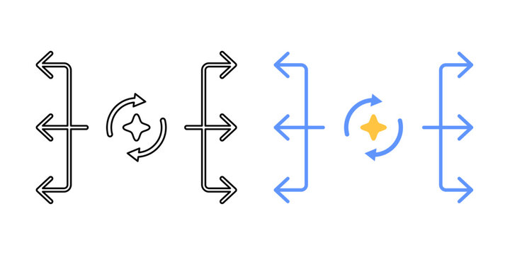 Synchronized processing alignment symbol. Parallel flows connected and aligned at central point. AI sync processing concept. Simple geometric illustration.