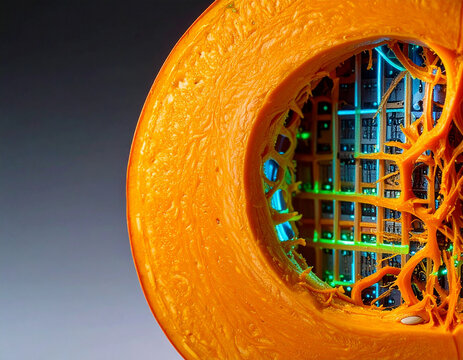 Close Up Pumpkin Cross Section with Embedded Tech Core テクノロジーコアを内包したかぼちゃ断面クローズアップ