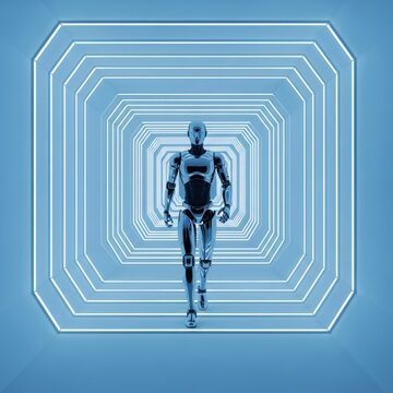 A futuristic polished robot marches through a seamless white corridor lined with glowing blue lights, creating an infinite recursive loop, perspective, metallic, loop