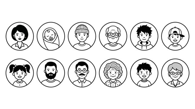 Minimalist line art avatar icons of diverse generations and office staff including manager and clerk, ideal for business team profiles, user interface and customer demographic mapping