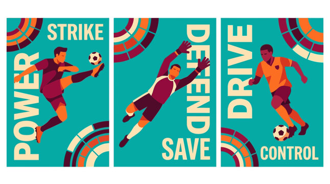 Three vintage soccer posters featuring professional athletes performing strikes saves and ball control with retro typography, ideal for sports branding, corporate motivation and advertising