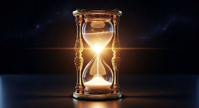 深遠な暗闇の中煌々と輝く黄金色の砂時計が時の流れを静かに刻む神秘的な情景繊細に落ちる砂が移ろいゆく時間の尊さを美しく表現する. AI Generated
