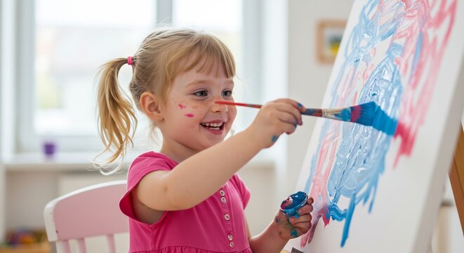 満面の笑みでイーゼルに向かう幼い女の子 顔や手に絵の具をいっぱいつけて自分だけのアートを創造する遊び時間. AI Generated