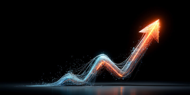 Glowing upward arrow formed by flowing data streams symbolizing digital growth analytics performance success and modern corporate strategy concept visualization