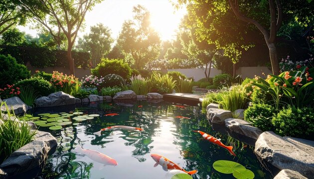 Koi pond in a tranquil japanese garden