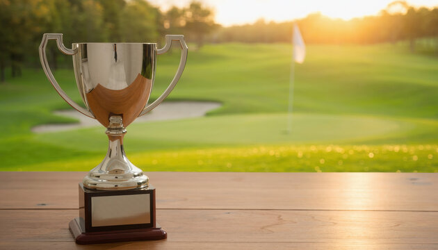 Trophy award victory achievement success golf sports championship winner sunlight metal cup prize competition tournament outdoor landscape green