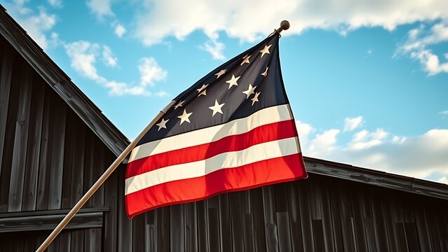 infamy. A faded flag fluttering on a weathered barn, blue sky with clouds, nostalgic mood. travel magazines, destination branding, designed for outdoor magazines and nature guides.