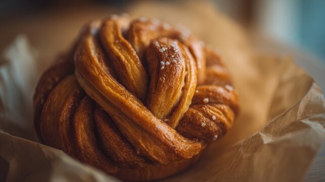 Macro view of a glistening Swedish cinnamon bun with intricate spiral detail and scattered sugar crystals