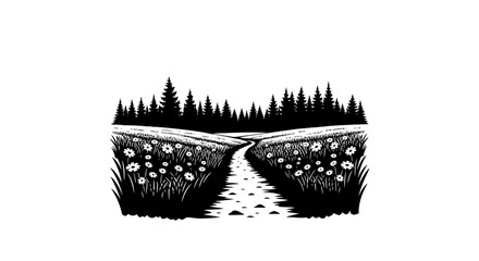 Obraz premium Vintage Woodcut Style Landscape with Flower Field and Forest Path