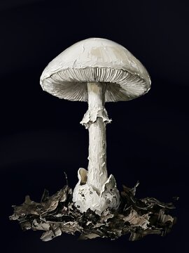 Amanita Bisporigera Destroying Angel Deadly Toxic Mushroom Mycology Impasto Oil Painting Style Dark Background Fine Art Scientific Illustration