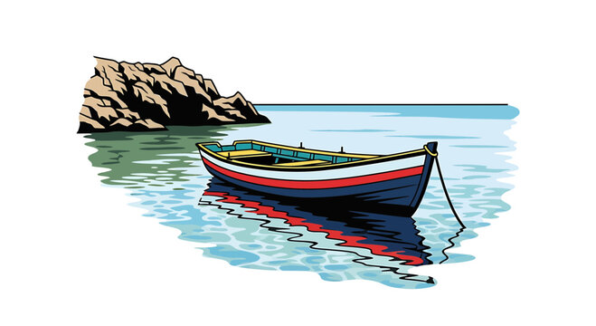 Vector illustration of a colorful fishing boat in a calm bay
