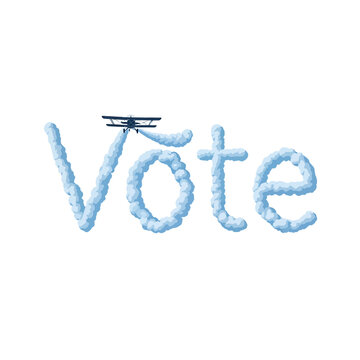 Biplane skywriting the word Vote in clouds vector illustration