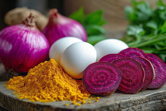 Close-up de ingredientes naturales para cocinar: remolacha, huevos blancos, cebolla morada, c&uacute;rcuma, peregil, menta sobre una tabla de madera r&uacute;stica con luz natural