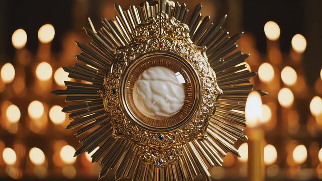 Ornate Golden Monstrance with Sacred Host during Catholic Eucharist Adoration in Church with Candle Bokeh Background