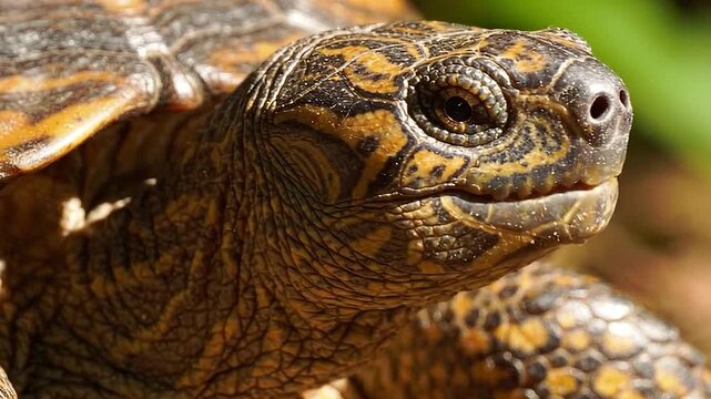 Close up of a tortoise head with detailed skin texture and shell.