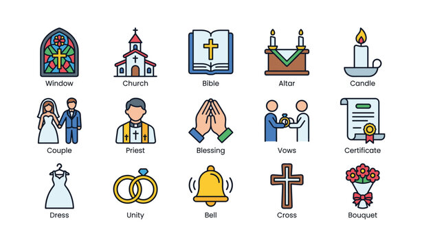 Church symbols: bible, altar, cross, candle, wedding icons and more
