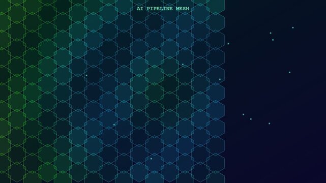 A sophisticated digital visualization of AI Workflow Optimization demonstrating an intricate hexagonal data mesh pulsating with cyan and emerald hues to represent complex algorithmic processing speeds