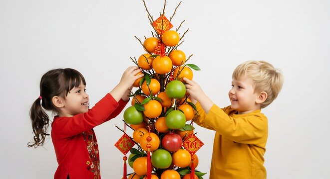 明るい光が差し込む中で子供たちが楽しく旧正月のお祝いの果実の木を笑顔で飾り付ける. AI Generated