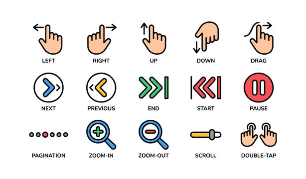 Colorful navigation icons for touch gestures and media controls
