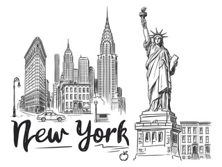 Hand Drawn Sketch New York City Landscape Famous Buildings Illustration © esa