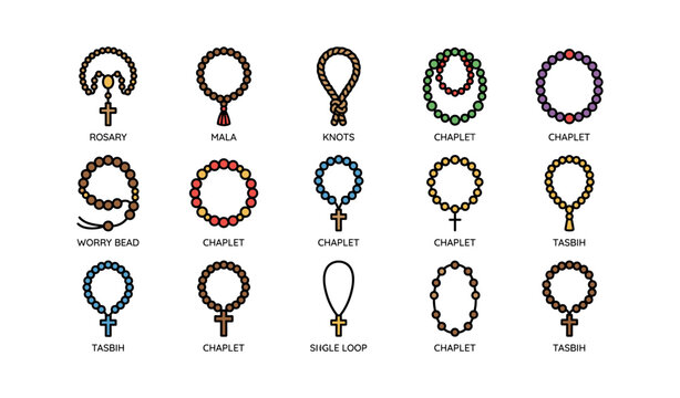 Variety of prayer beads: rosary, mala, chaplet, tasbih, worry bead styles illustrated