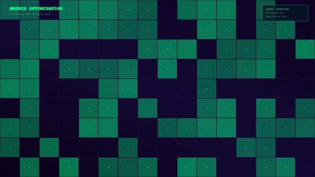 In a futuristic digital environment, an AI Workflow Optimization process unfolds as emerald green data blocks dynamically assemble across a dark indigo technological grid.